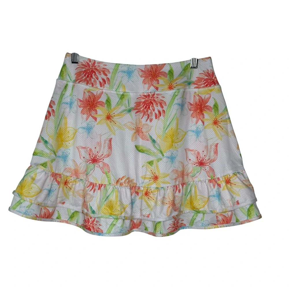 Gottex Active Skort Medium White Floral Ruffle Hem Tennis Golf Skirt Pickleball